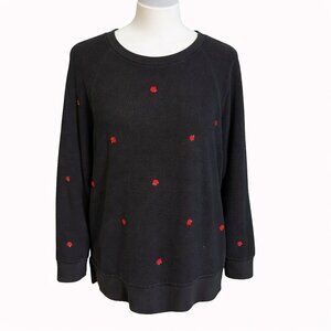 Victorias Secret PINK Sweatshirt Sz L Black Sherpa Pullover Red Embroidered Rose